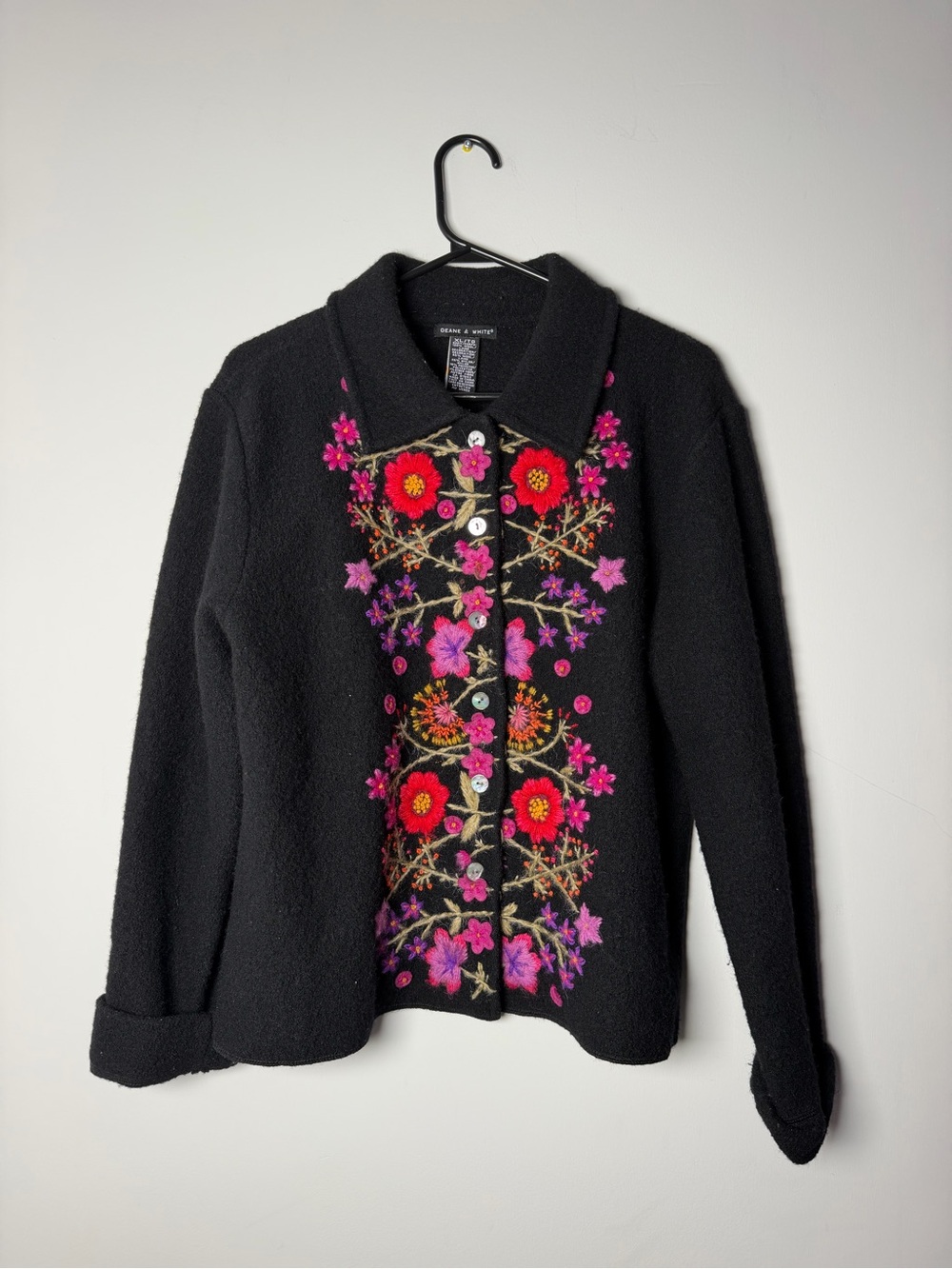 Deane & White Wool Button-Up Cardigan Colourful Flowers Collared Thick XL Womens